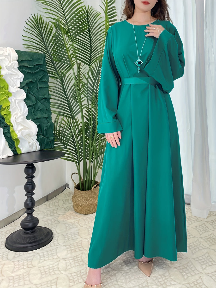Women's Elegant Green Flared Sleeve Long Dress, Loose Fit, Versatile for All Seasons, Suitable for Home, Festive, and Traditional Attire - Green