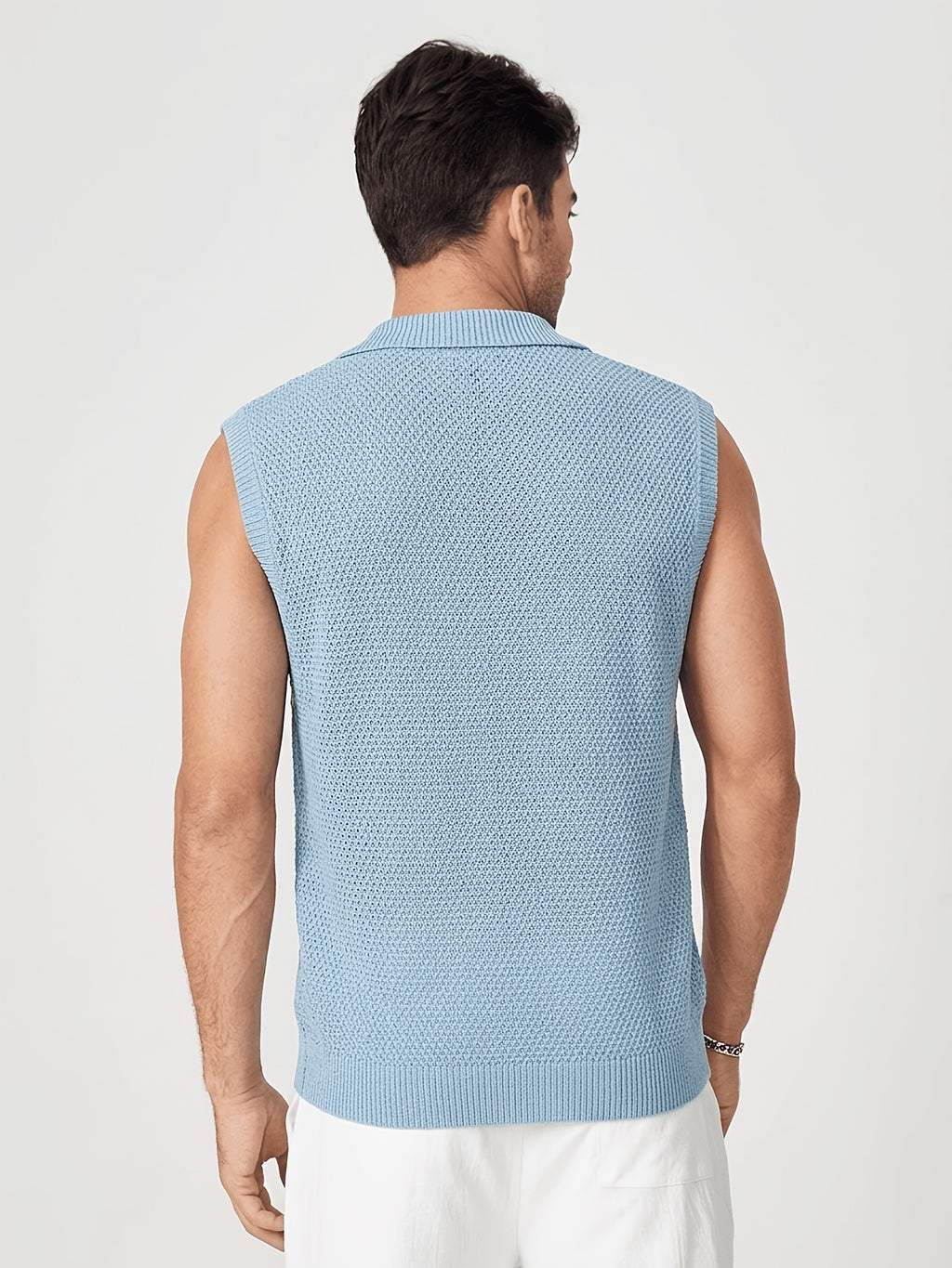 Summer Vacation Style Men'S Textured Knit Vest, Sleeveless Lapel Breathable Beach Top - Sky Blue