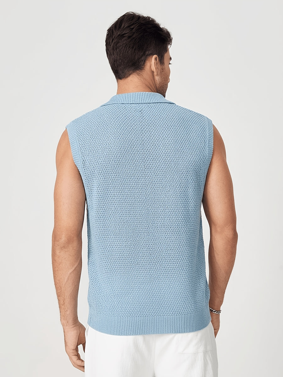 Summer Vacation Style Men'S Textured Knit Vest, Sleeveless Lapel Breathable Beach Top - Sky Blue