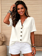 Women'S Shirt, Button-Design, Solid Color, Casual Daily Wear, Short Sleeve V-Neck, Regular Style Top, Suitable for Spring, Summer, And Autumn - White