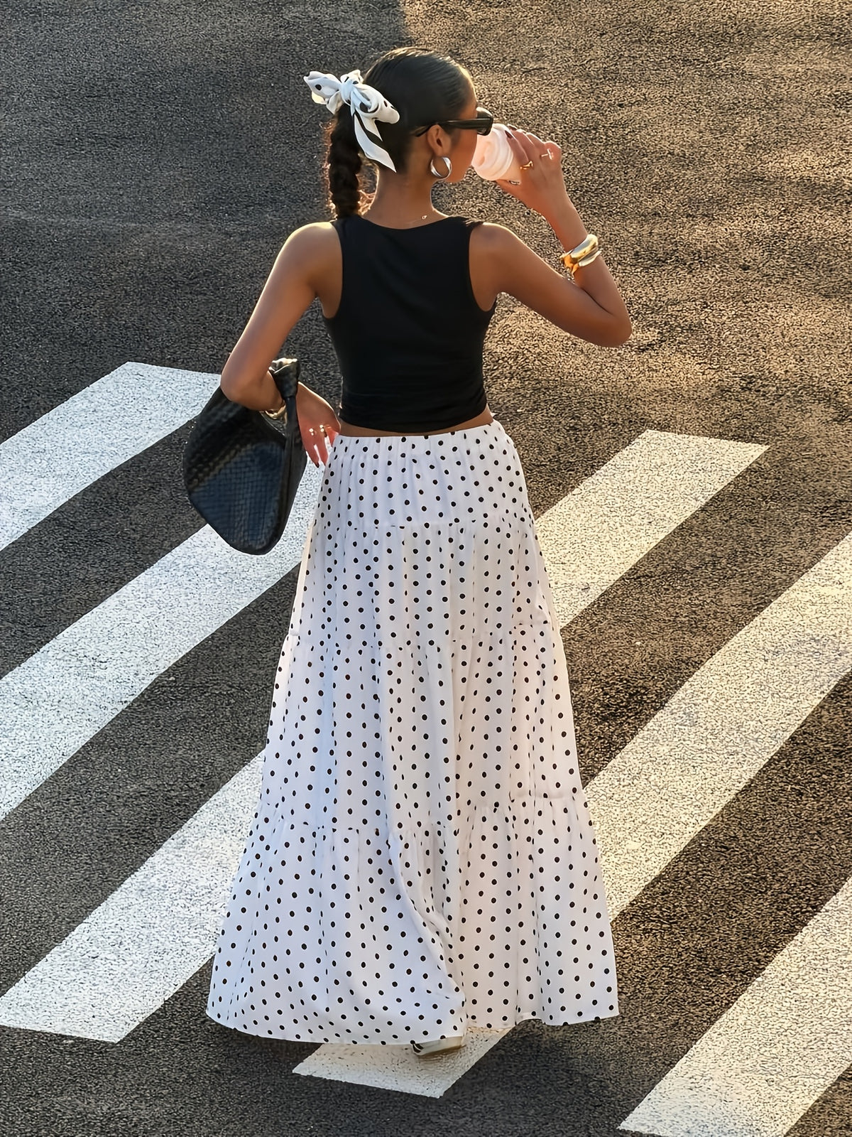 Women's White Polka Dot Casual Vacation Skirt, Suitable for Outings, Streetwear, Y2K Style Clothing, Spring/summer Wear, White Bohemian Skirt, Summer Maxi Skirt - White