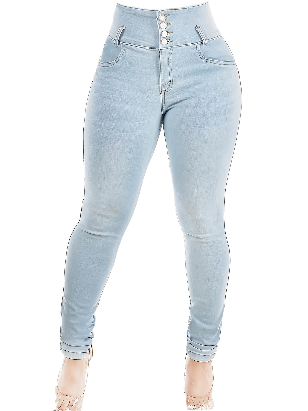 Women's High-waisted Stretch Slim-fit Jeans with a Four-button Tummy Control Design, Suitable for Daily Commuting and Outings. Light Blue Washed Versatile Jeans in a European and American Style with a Butt-lifting Effect - Light Blue