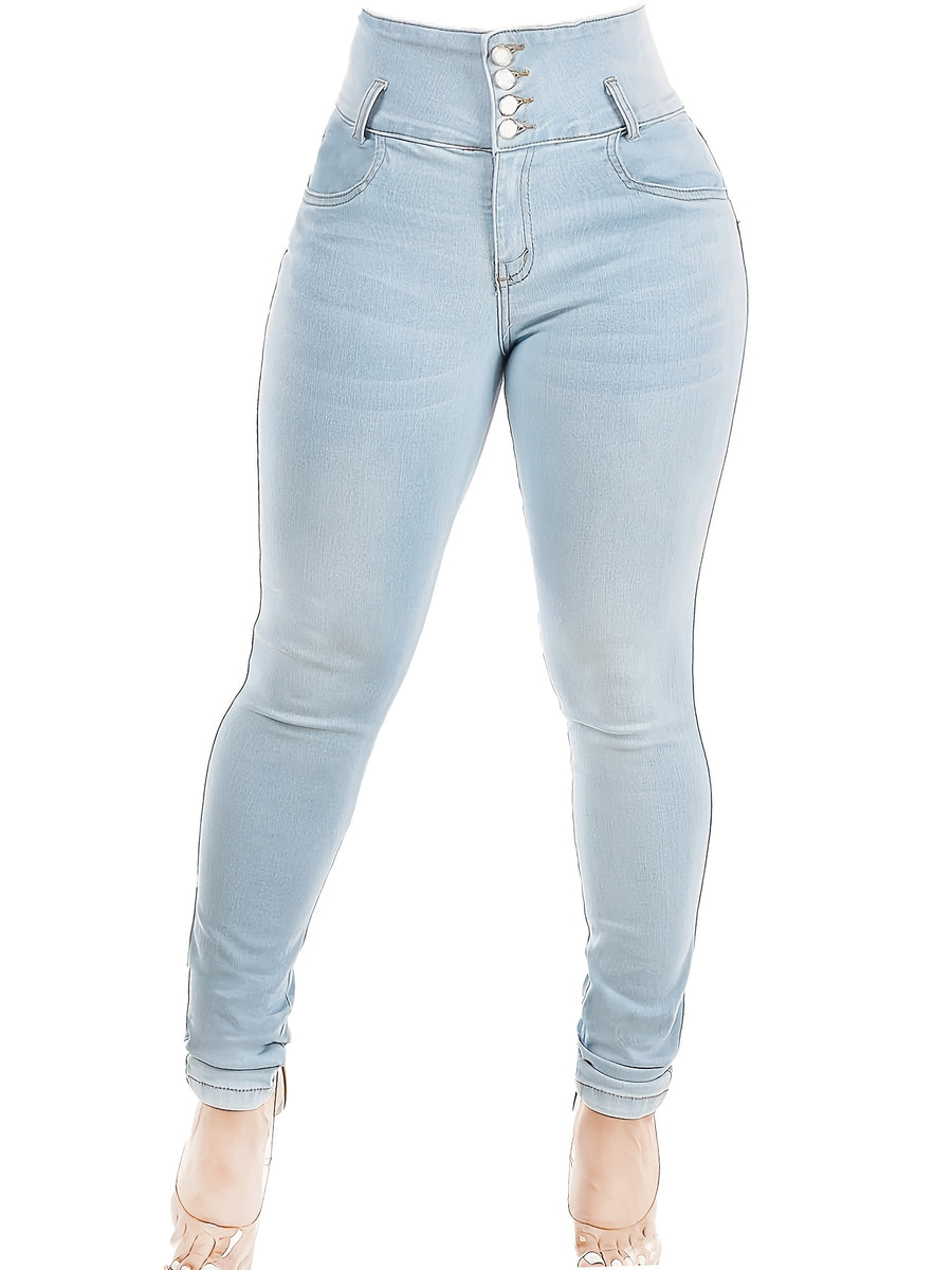 Women's High-waisted Stretch Slim-fit Jeans with a Four-button Tummy Control Design, Suitable for Daily Commuting and Outings. Light Blue Washed Versatile Jeans in a European and American Style with a Butt-lifting Effect - Light Blue