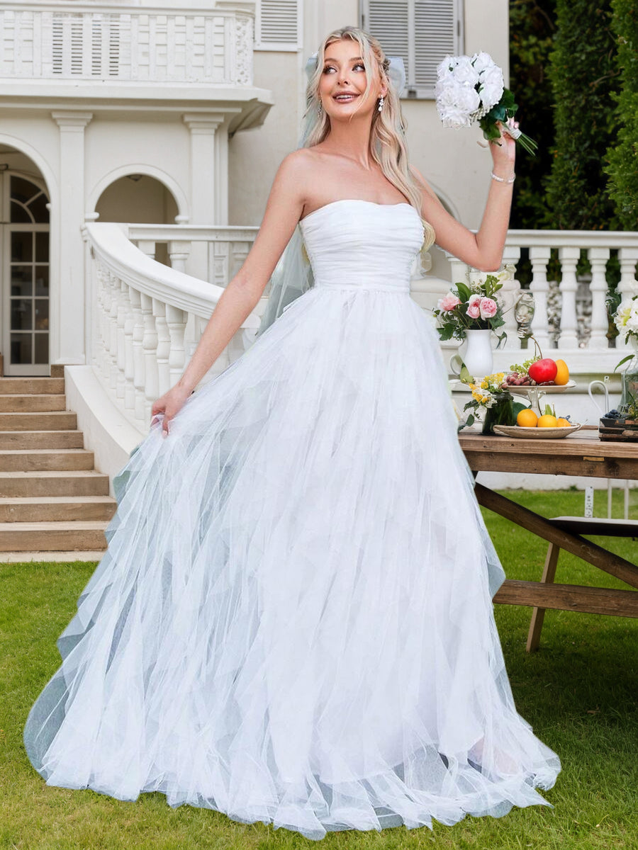 Romantic Strapless Wedding Dress, Bridal Gown with Tiered Ruffled Tulle Skirt And A-Line Cut - Perfect for Classic Weddings, Graduation Gowns, Evening Receptions, Birthday Women'S Attire - Ivory White