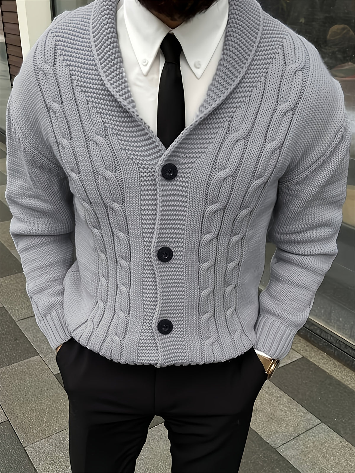 Autumn Winter Men'S New Warm Fashion Versatile Cardigan Sweater Light Mature Old Money Business Style Classic Jacquard Solid Color Green Apple Collar Button-Up Cardigan Knit Sweater Office Work School Commute Vacation Party - Light Grey