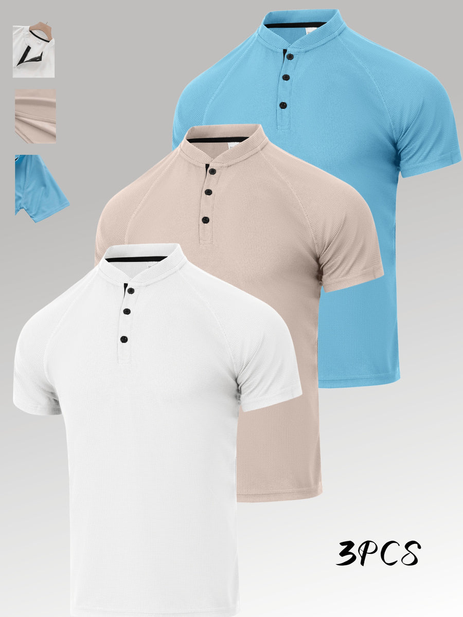 3-Pc Value Men'S Henley Shirt Short Sleeve Waffle Knit Breathable Stand Collar Polo Shirt Raglan Slim Fit Summer Sports Commute Versatile Top - White+Khaki+Light Blue