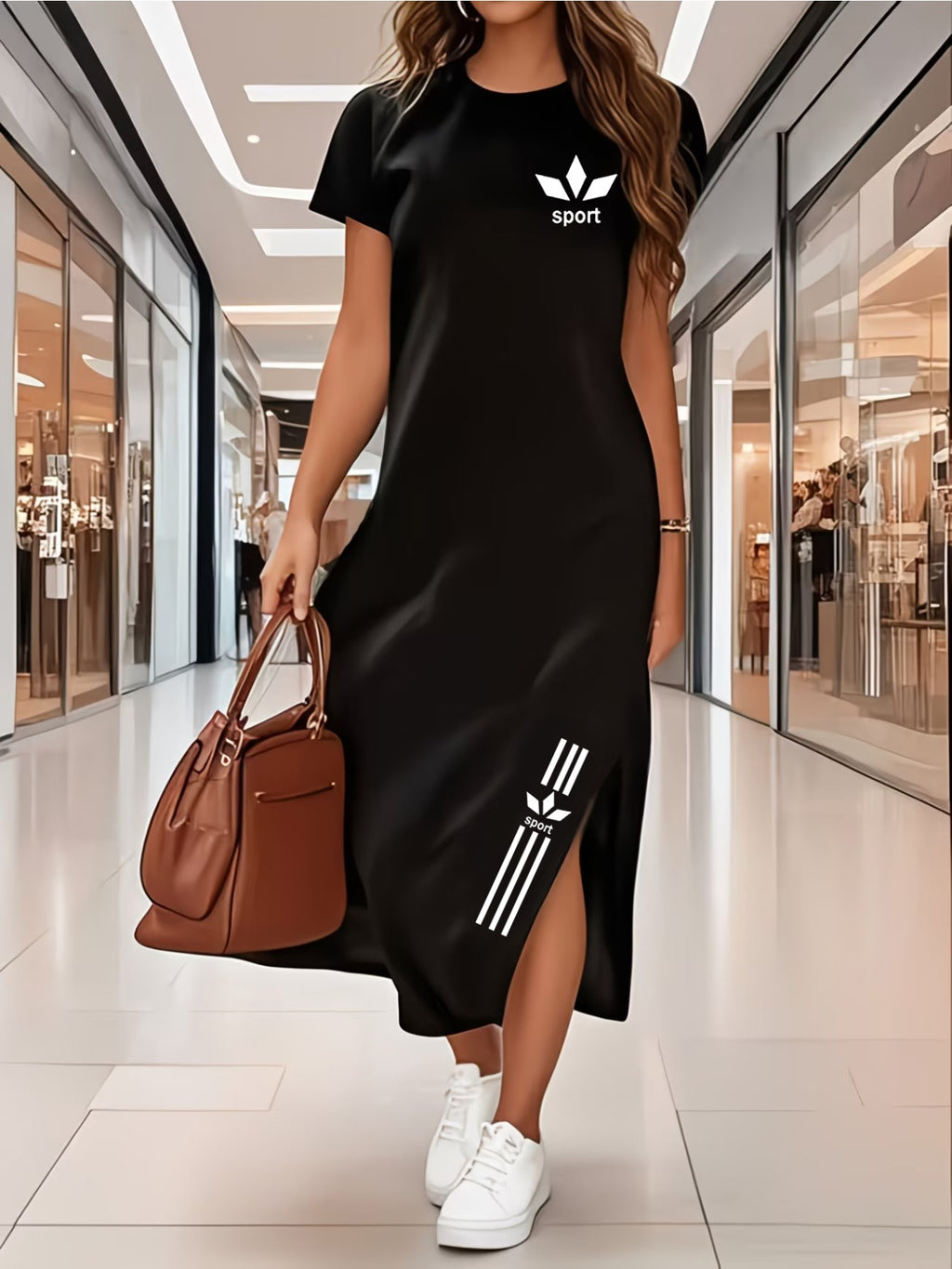 Women's Spring/Summer New Slim-Fit Slit S Dress, Fashion Print Short-Sleeve Dress - Black