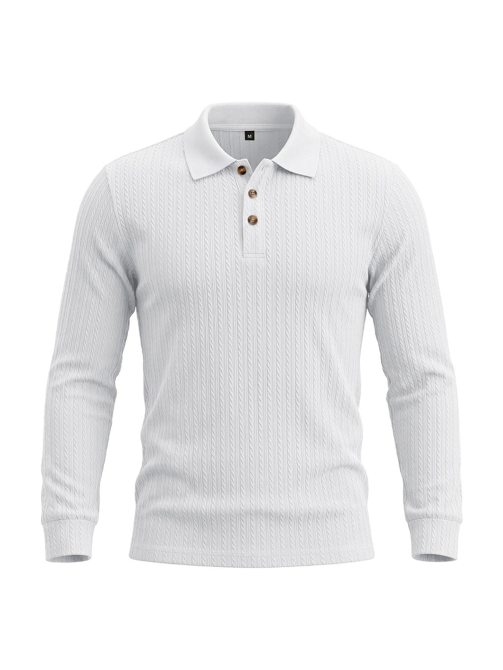 Men's Cable Twist Knit Long Sleeve Polo Shirt, Classic Collar 3 Buttons Solid Pullover, Casual Business Slim Fit Textured Top for Autumn Winter - White