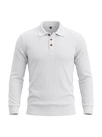 Men's Cable Twist Knit Long Sleeve Polo Shirt, Classic Collar 3 Buttons Solid Pullover, Casual Business Slim Fit Textured Top for Autumn Winter - White