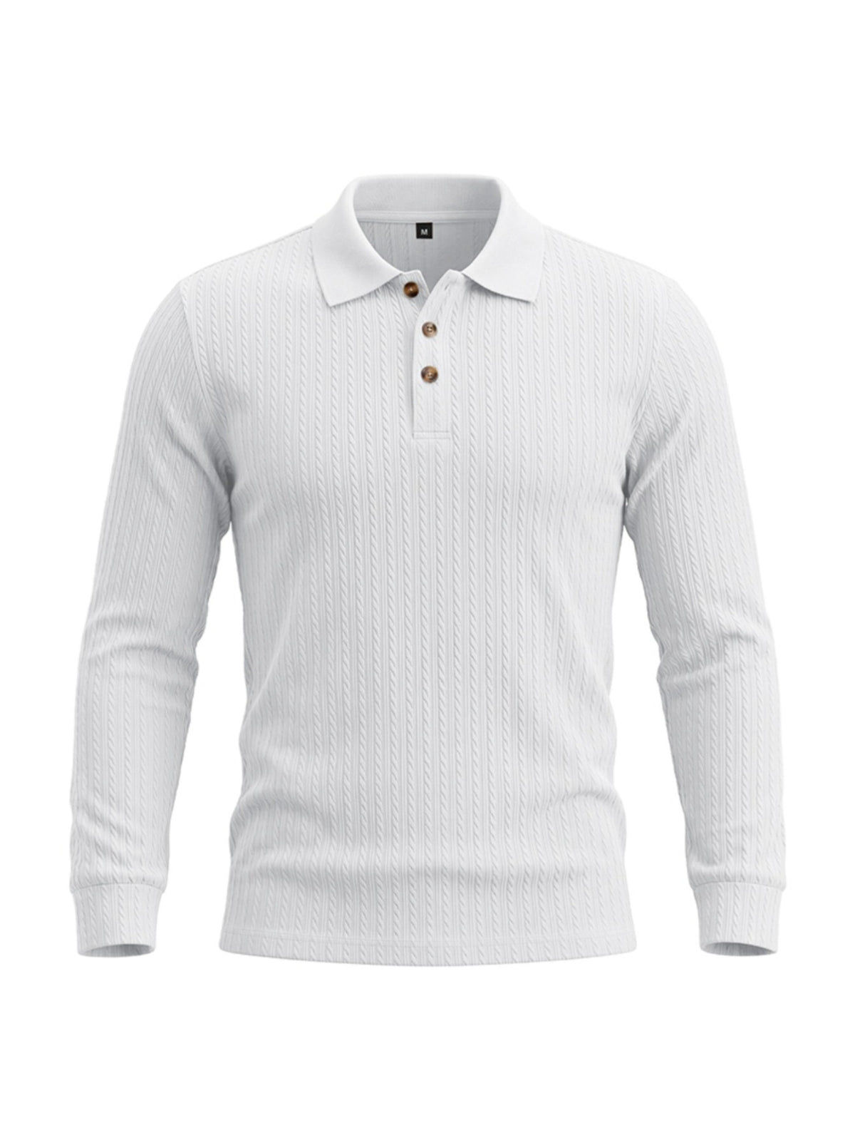 Men's Cable Twist Knit Long Sleeve Polo Shirt, Classic Collar 3 Buttons Solid Pullover, Casual Business Slim Fit Textured Top for Autumn Winter - White