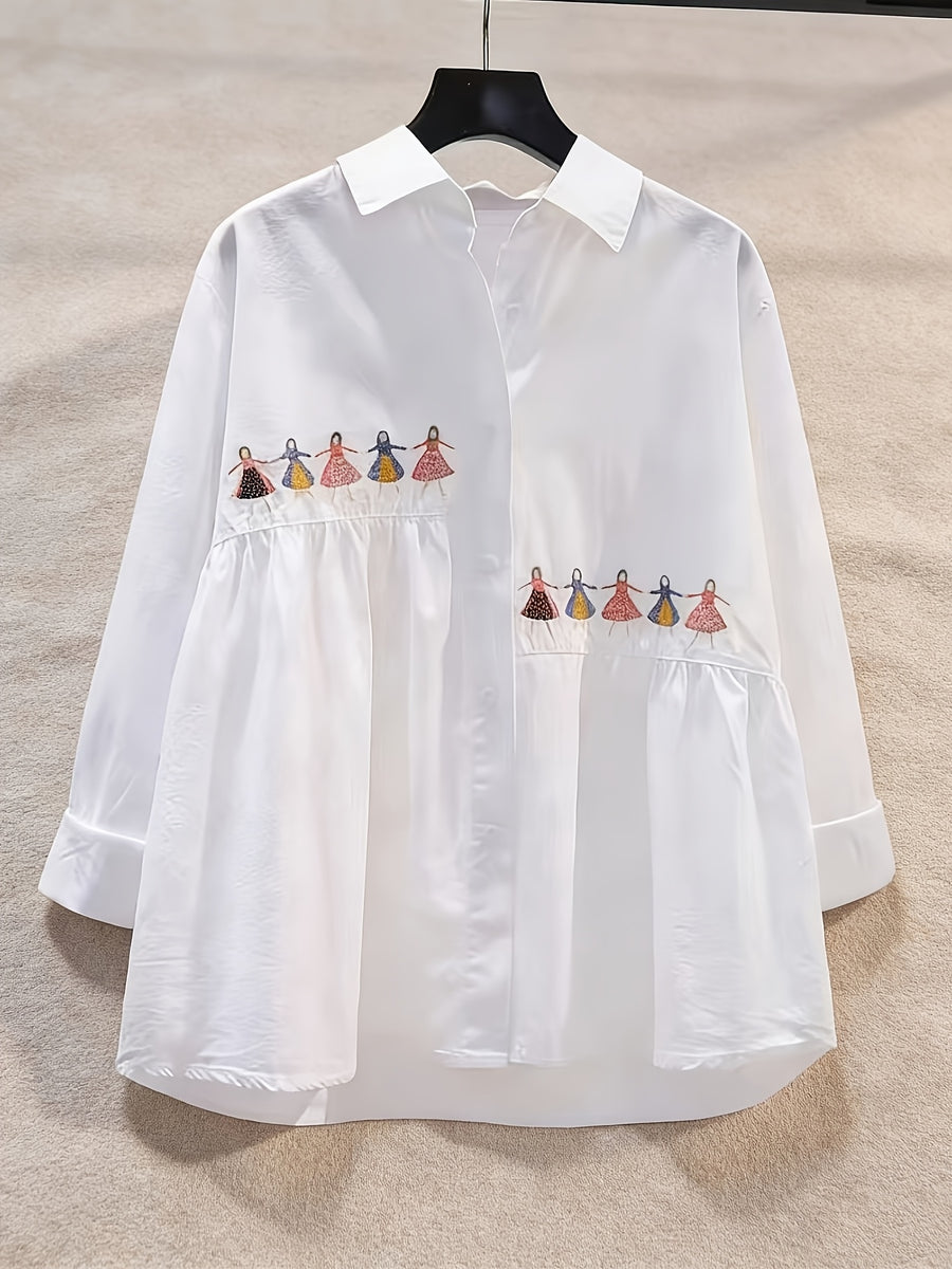 Women's Long Sleeve Loose-Fit Cartoon White Shirt, New Spring/Autumn Asymmetrical Design with Left and Right Unequal Hemlines, Versatile Top Suitable for Work and Shopping - White
