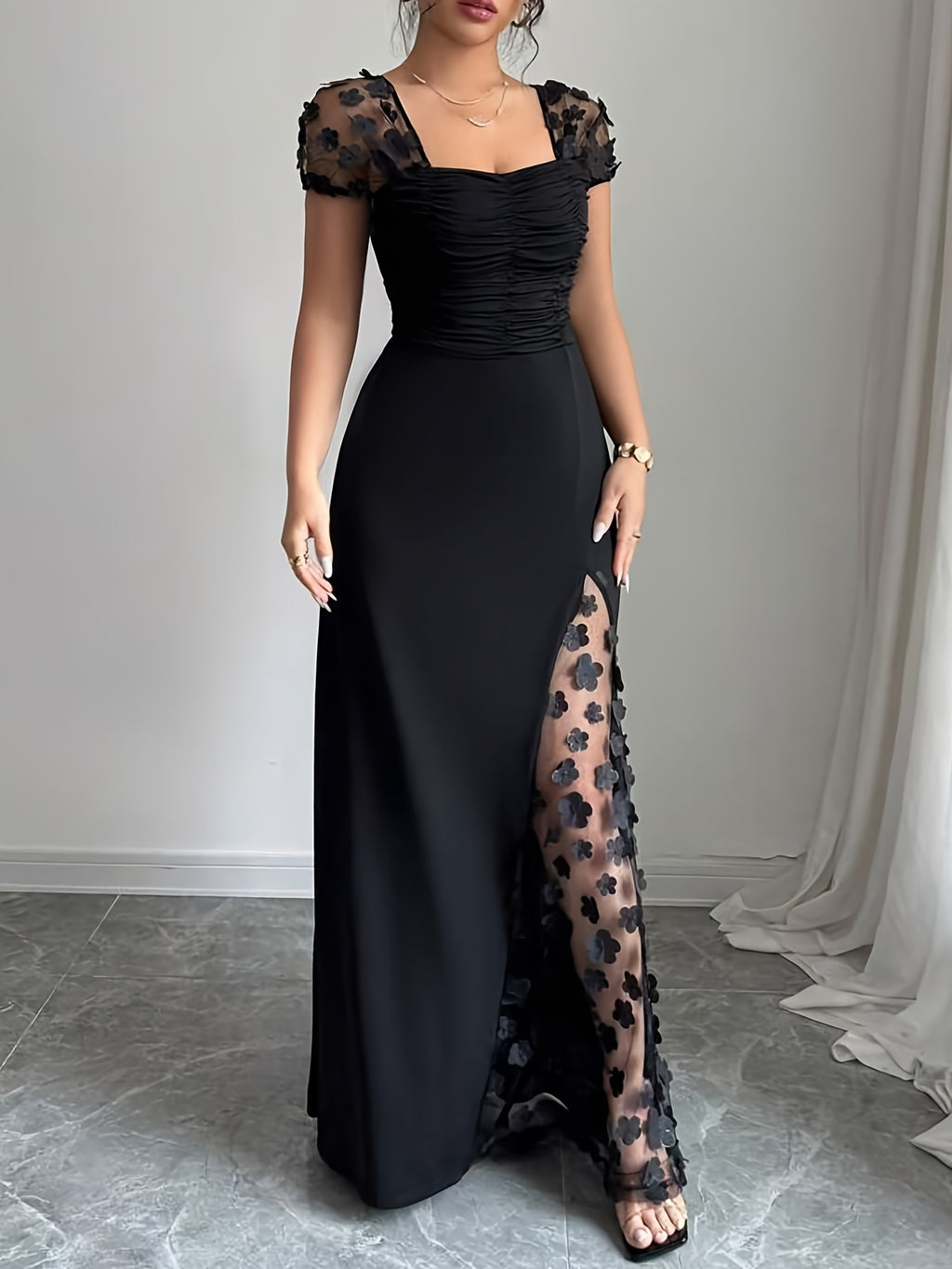 Women's Elegant A-Line Wedding Bridesmaid Dress with Tulle Panel & Waist-Cinched Bodice - Square Neck Tailored Dress Suitable for Prom, Parties, Special Occasions, Machine Washable Long-Length Dress - Black