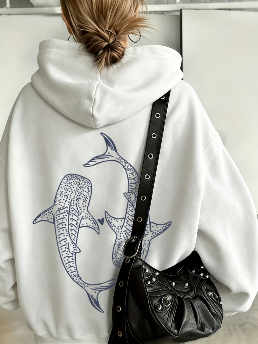 European and American Vintage Minimalist Artistic Style Top, Whale Shark Print Pattern Hooded 1pc Women's Sweatshirt, Loose Autumn/Winter Pullover Top, Relaxed Oversized Fit, Street Hip-Hop Style, with Kangaroo Pocket, No Drawstring - White