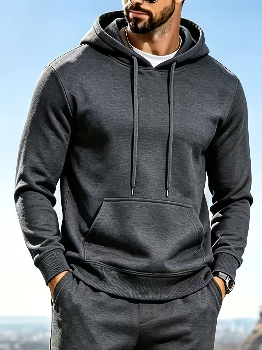 Men's Solid Color Hooded Sweatshirt, Spring/Autumn Loose Fit with Kangaroo Pocket and Drawstring, Pullover Hoodie for Daily Casual Wear, Long Sleeve Sport Top - Dark Gray