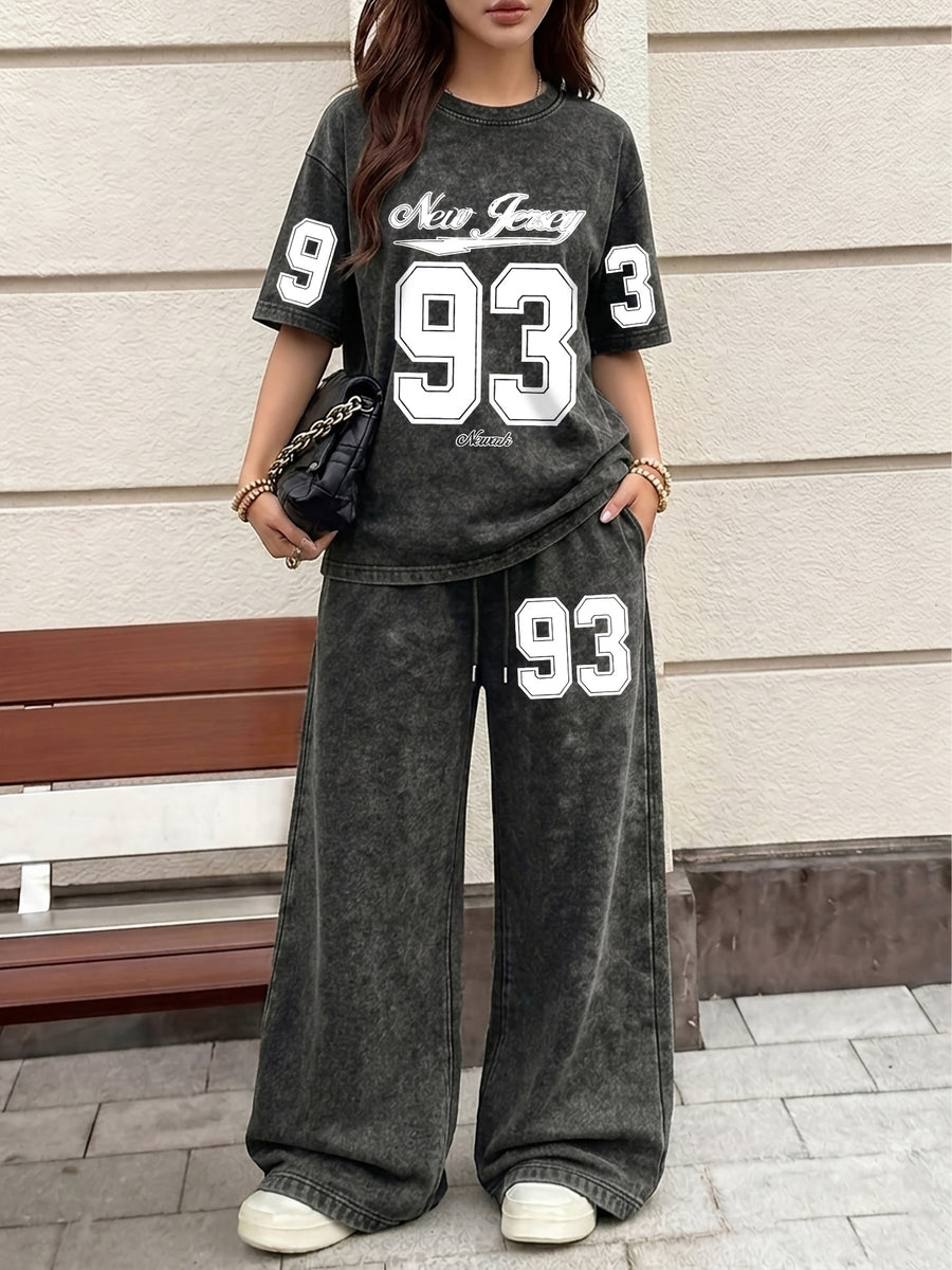 American College New Jersey 93 Number Pattern Print, Women'S 2Pcss Set, Women'S Retro Washed Fabric Loose Casual Round Neck Short Sleeve T-Shirt And Elastic Waist Drawstring Retro Washed Casual Athletic Long Pants Women'S 2Pcss Set - Black+black