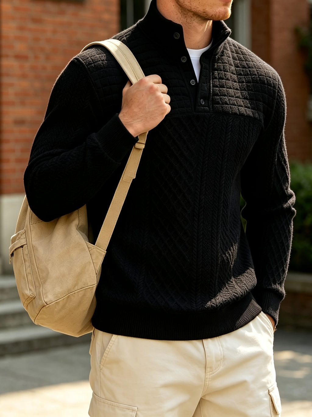 [Josh Mei OBM] Preppy Casual Style Men'S Jacquard Texture Henley Collar Long Sleeve Pullover, Diamond Check Patchwork Design with Ribbed Cuffs And Hem, Stretchy Skin-Friendly Slim Fit Fall Winter Versatile Style - Black