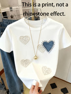 Cartoon Pearl Heart Pattern Print, Fitted And Comfortable, All-Season Wear, Women'S Casual T-Shirt for Daily Commute - White