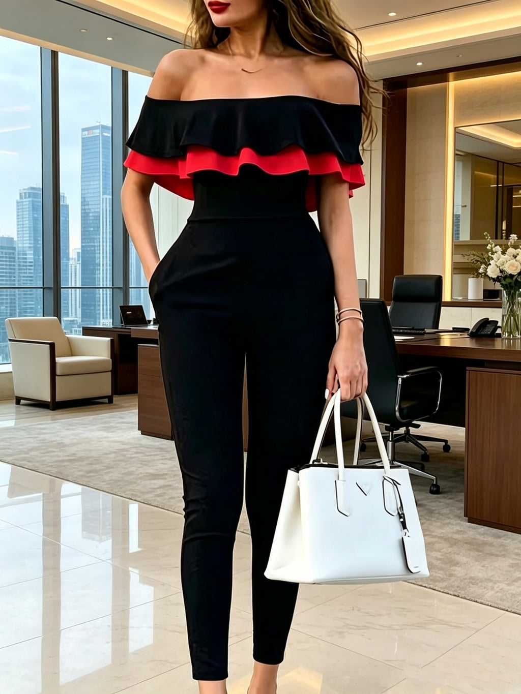 6163 Fashion Color-Block Off-Shoulder Double-Layer Ruffle Jumpsuit. Solid Color/Color Block/Off-Shoulder/Double-Layer Ruffle/No Belt/Side Pockets. Stretchy Comfort Fabric, Machine Washable. Daily Wear/Commute/Gatherings/Parties/Dates/Casual. - Black-2