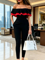 6163 Fashion Color-Block Off-Shoulder Double-Layer Ruffle Jumpsuit. Solid Color/Color Block/Off-Shoulder/Double-Layer Ruffle/No Belt/Side Pockets. Stretchy Comfort Fabric, Machine Washable. Daily Wear/Commute/Gatherings/Parties/Dates/Casual. - Black-2