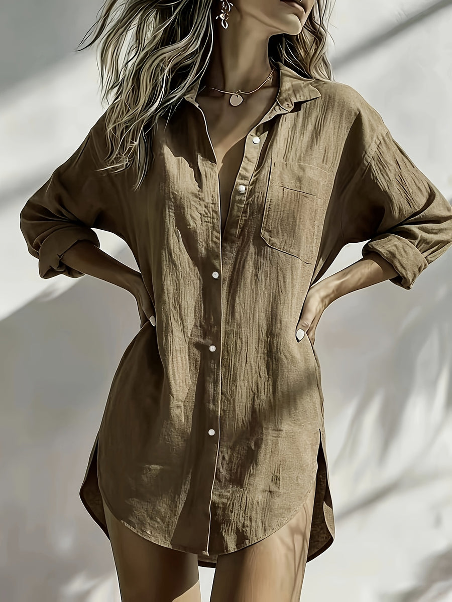 Women'S Solid Color Long Sleeve Mid-Length Shirt, Casual Everyday Wear, Temperament Easy Commute Style, Straight Loose Fit, Comfortable And Breathable Fabric, Seaside Vacation, Home Comfort Wear, Spring Summer Fall Winter All-Season Women'S Shirt - Coffee Color