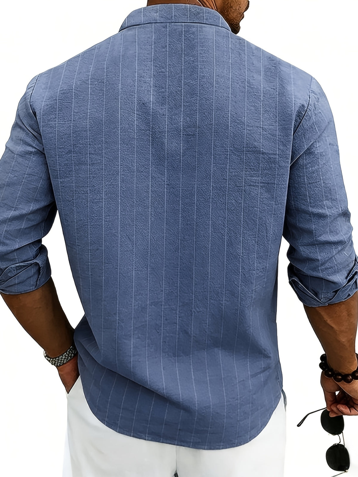 American Spring and Summer Linen Jacquard Striped Loose Casual Stand Collar Long Sleeved Pocket Men's Commuting Trend Shirt - Navy Color