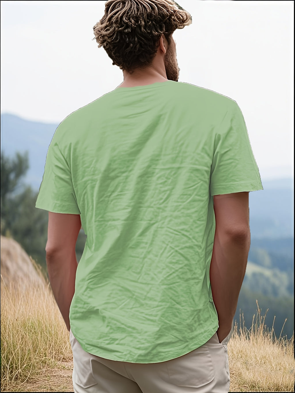 Men's Casual T-Shirt, Versatile Summer Short-Sleeve Top, Fashionable Solid Color Sweatshirt, Crew Neck with Drawstring Design - Lightweight and Breathable, Machine Washable, Suitable for Daily Wear and Outdoor Leisure - Light Green