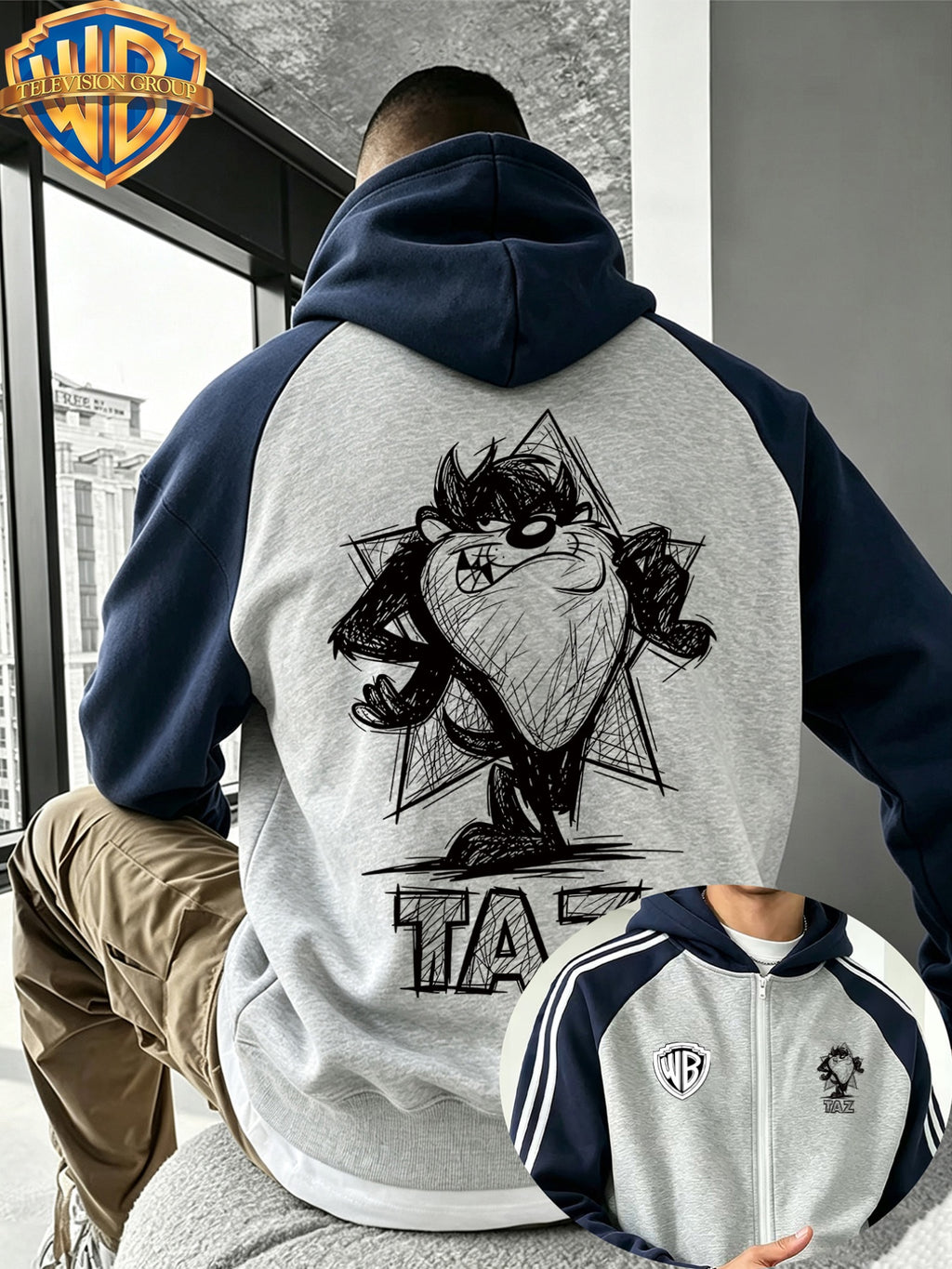 Warner Autumn/Winter New Men's Hooded Jacket Top, Streetwear Trendy Casual Versatile Color-Block Spliced Top, Classic Cartoon Sketch Graffiti Pattern, High Street Streetwear Brand Fashion Loose Fit Couple's Fashion Sweatshirt, Suitable for Casual - Light Twist Gray