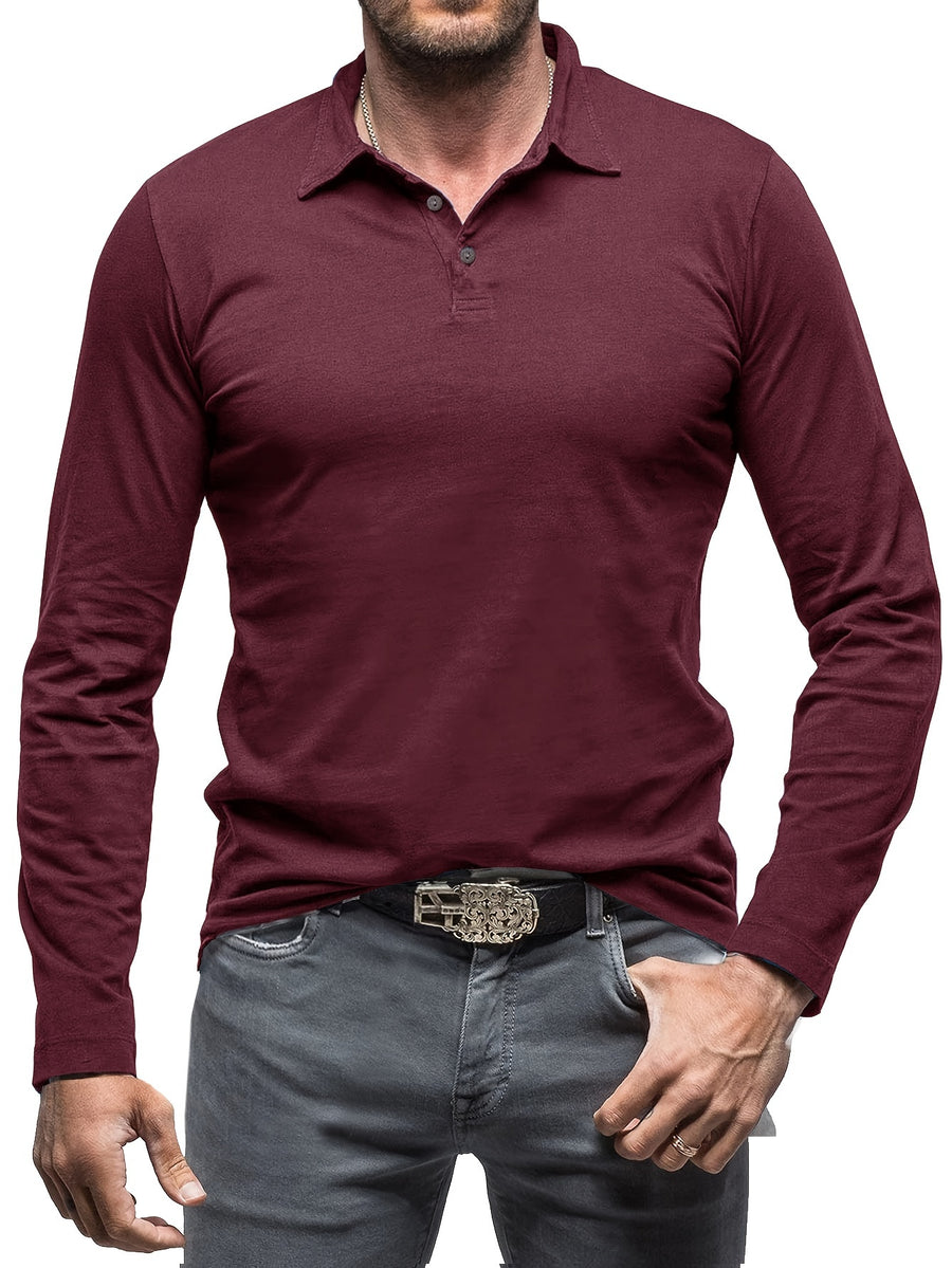 New Style Lapel European And American Style Men'S T-Shirt, Solid Color, Cross-Border Foreign Trade Men'S Long-Sleeve Polo Shirt - Burgundy