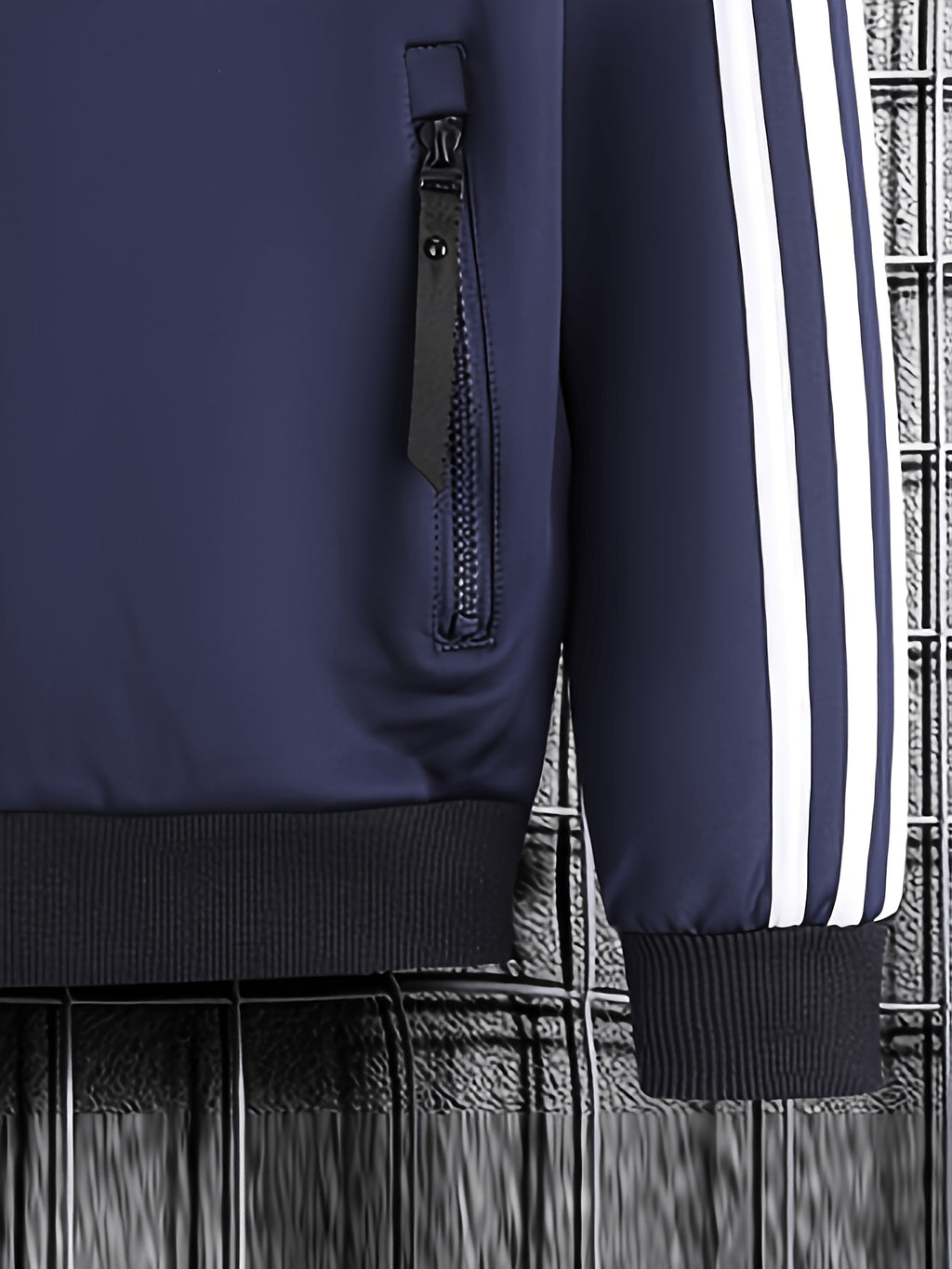 [Pearson OBM] Men'S Spring Autumn Casual Easy All-Match Outdoor Sports Jacket, Small Stand Collar Solid Color with Three Stripes, Side Seam Zipper Pockets, Elastic Cuffs And Hem Design, Full Zip Closure Coat, Suitable for Vacation, Sports - Navy Color