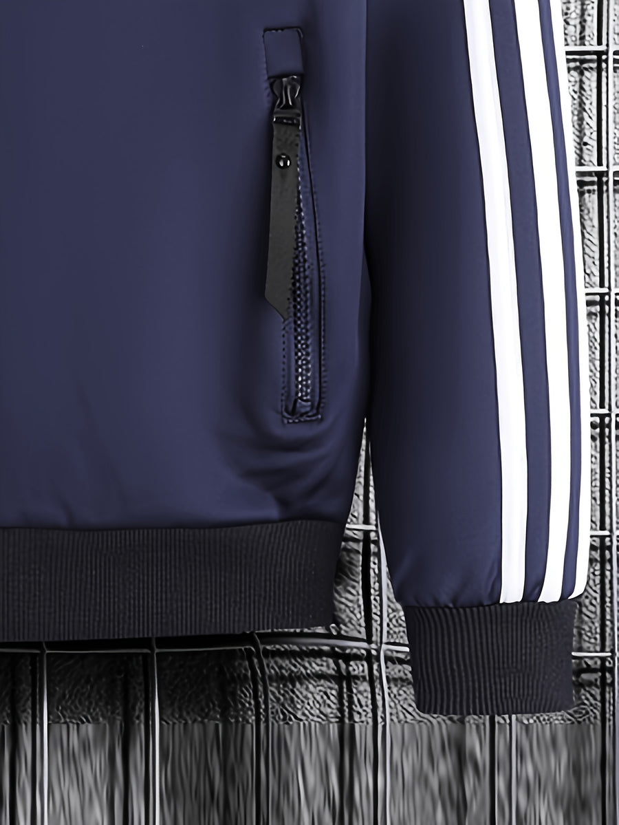 [Pearson OBM] Men'S Spring Autumn Casual Easy All-Match Outdoor Sports Jacket, Small Stand Collar Solid Color with Three Stripes, Side Seam Zipper Pockets, Elastic Cuffs And Hem Design, Full Zip Closure Coat, Suitable for Vacation, Sports - Navy Color