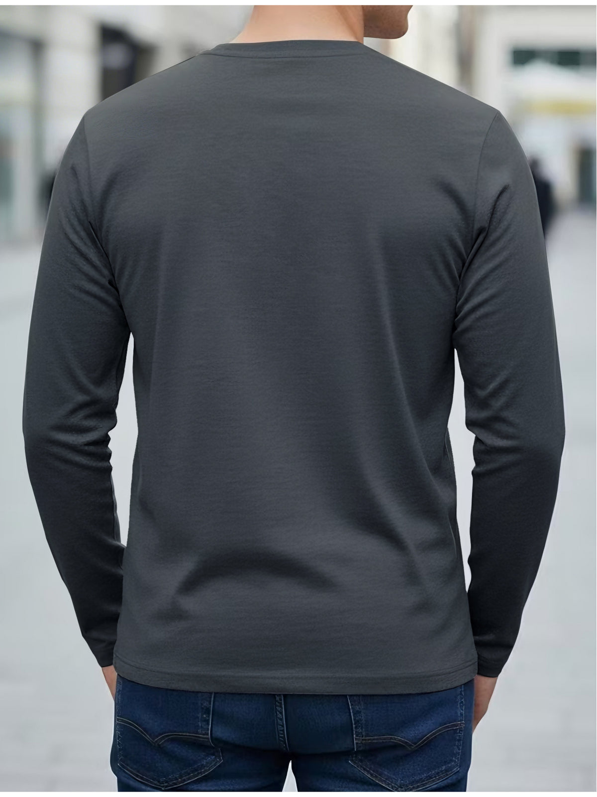 100% Cotton Men's Long-sleeve T-shirt, Pure Cotton Base Layer, Mountain Print Pattern, Suitable for All Seasons, Machine Washable - Dark Gray