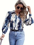 Targeted Development, Western Style Women'S New Fashion Temperament Casual Loose Collar Long Sleeve Printed Shirt - Blue