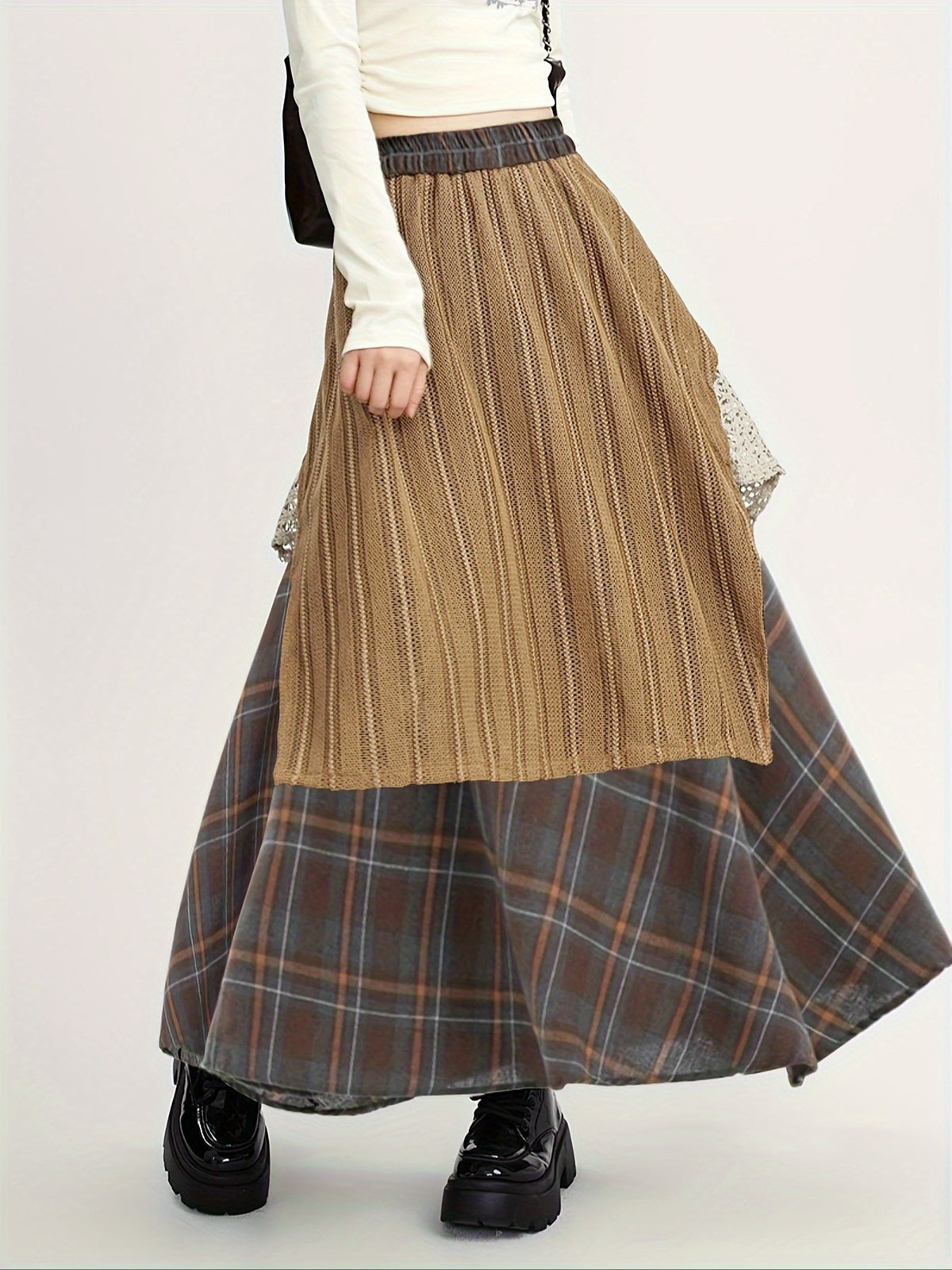 Autumn And Winter Midi Skirt in Ankhara Red, Featuring a Loose Elastic Waist, Flattering Long Design, And Irregular Color-Blocked A-Line Style - Dark Brown
