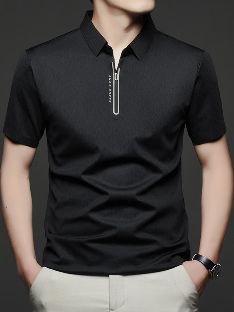 Spring/Summer Lapel Polo Shirt, Casual T-Shirt for Young and Middle-Aged, Outdoor Outings, Office Commuting, Outdoor Recreation, Urban Lapel Short-Sleeve Fashion Style, Casual Outing Top, Breathable Design, Solid Color, Casual Half-Sleeve - Black