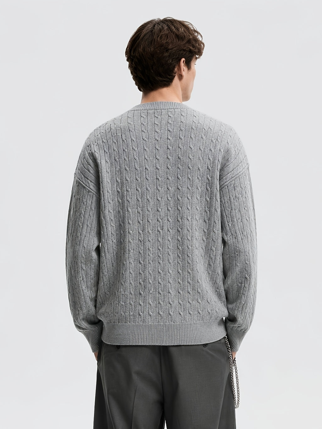 OBM Autumn/Winter Men's Crew Neck Cable Knit Cardigan, American Trendy Minimalist Solid Color Three-Dimensional Cable Knit Texture Long Sleeve Top, Loose Vintage Casual Street Style Outerwear, Versatile Daily Outing Streetwear Brand for a Cool - Light Grey