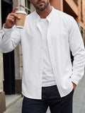 [Spring/Autumn Limited] Urban Side Pinstripe Men'S Long Sleeve Shirt, Woven Fabric Small Stand Collar Single Button Long Sleeve Basic Shirt with Side Pleat Detail to Break Monotone, Suitable for Daily Outings And Casual Dates - White