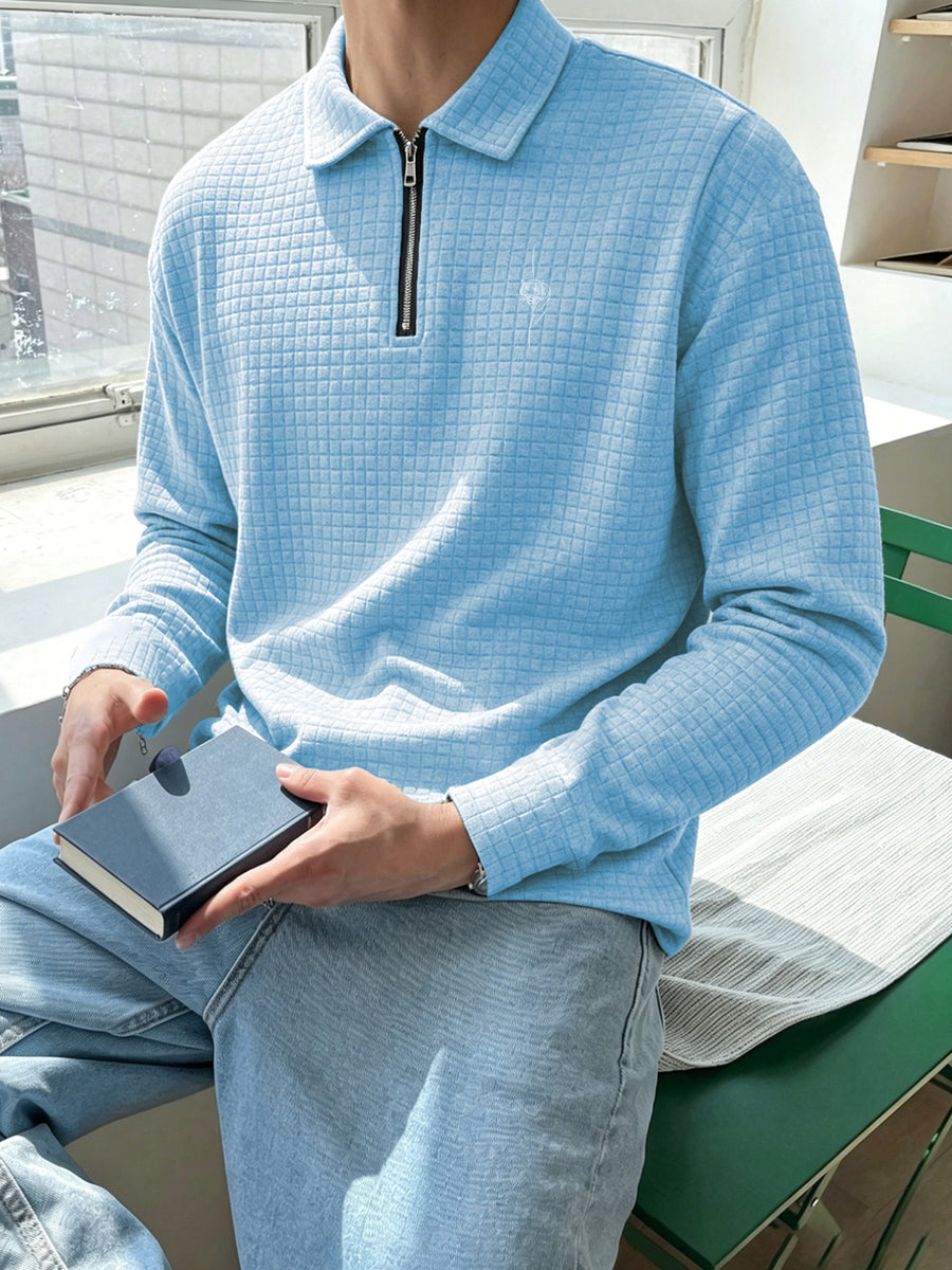 National Charm Tiger Head Line Art Print Floral Waffle Knit Half-Zip Polo Long Sleeve Men's Casual Top, Featuring a Simple and Premium Texture That Complements All Dressing Styles. Easily Create a Minimalist Look, Whether for Daily Commutes - Light Blue