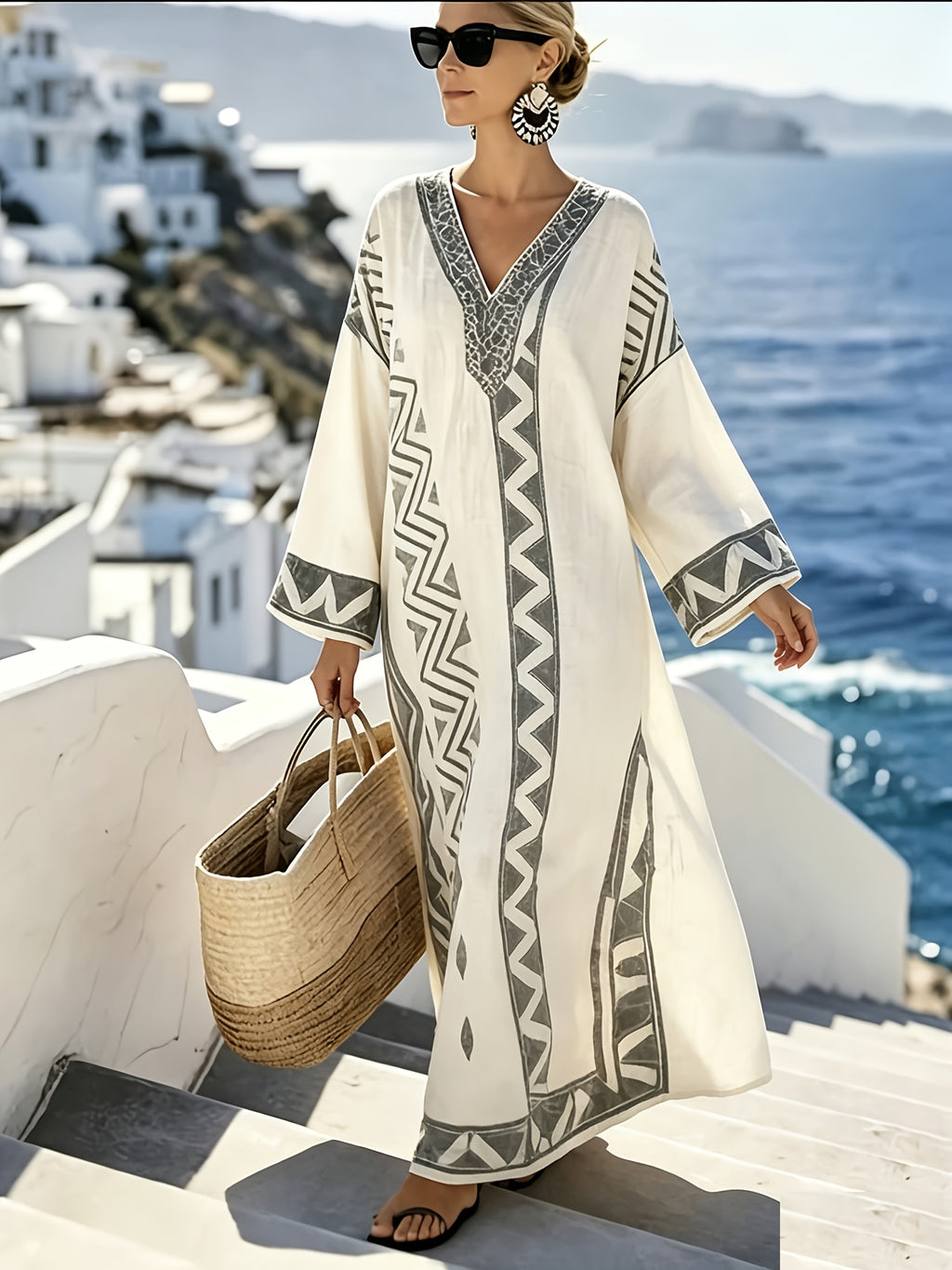 Plus Size, Women's Plus Size Middle Eastern Robe Dress - Elegant V-Neck Maxi Dress with -Line -Length Suitable for Daily Wear, Holiday Parties, Vacations, Loose Fit Long Sleeve Dress for Commuting, Dates & Special Occasions - White