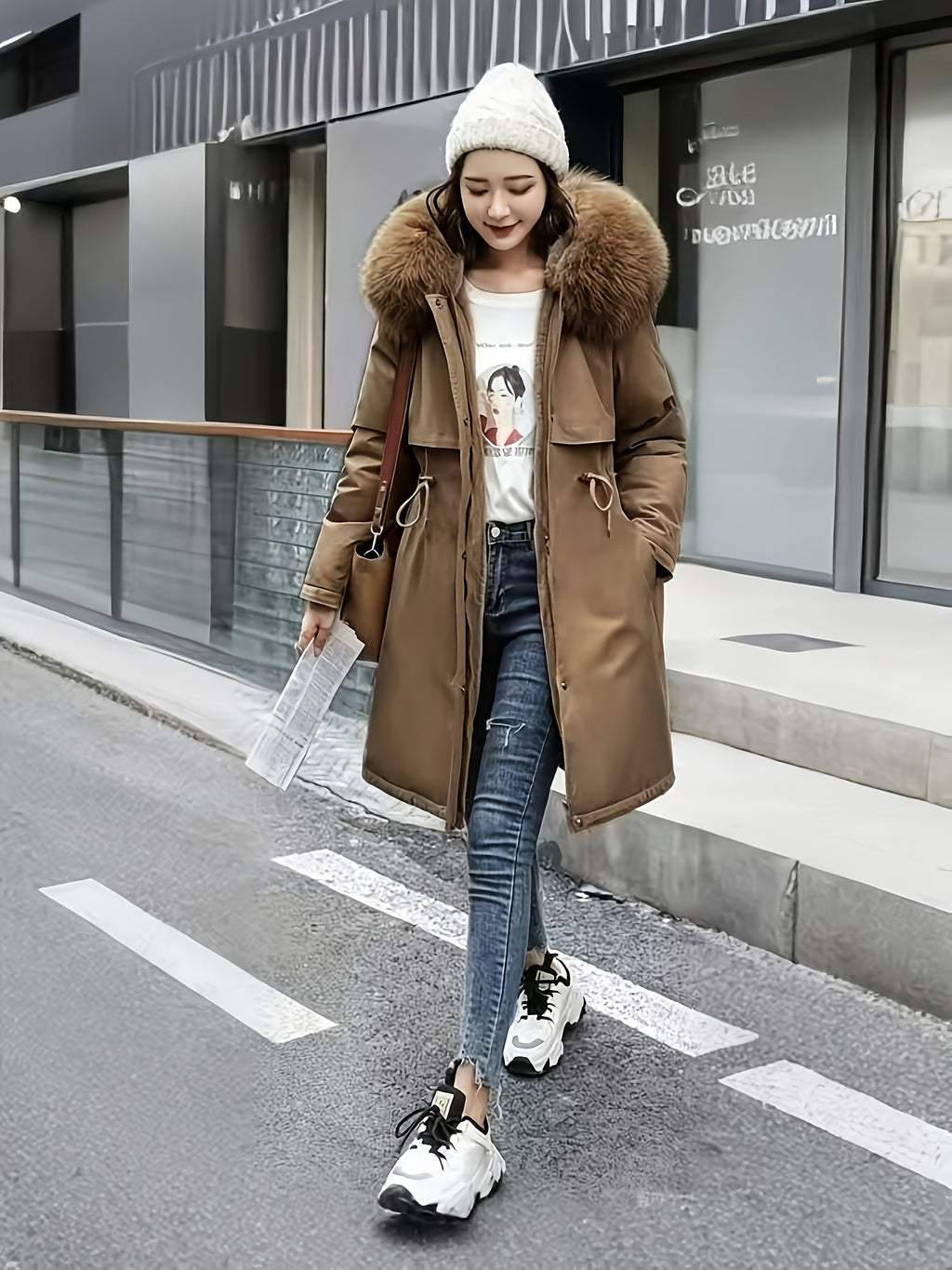 Winter New Mid-Length Fleece-Lined Vest Coat Trendy Women'S Coat Removable Collar - Coffee Color