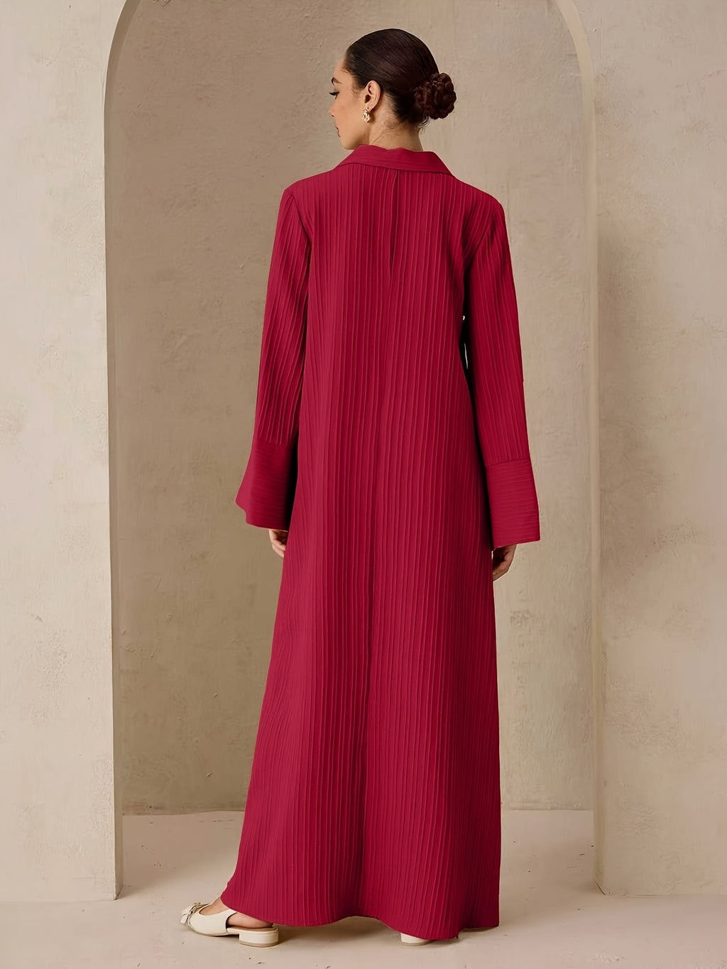Women'S Ruched Middle Eastern Muslim Elegant Solid Color Patchwork Neckline A-Line Abaya - Brick Red