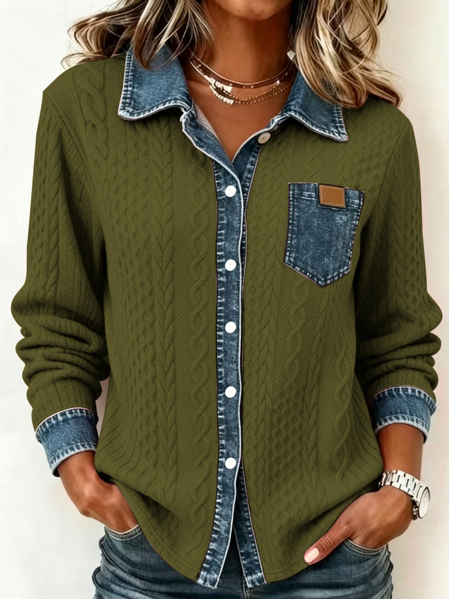 [Printed Pants - Not Faux Denim Fabric]Autumn Women'S Faux Denim Non- Patchwork Jacquard Sweatshirt Cardigan Long Sleeve Top - Olive Green