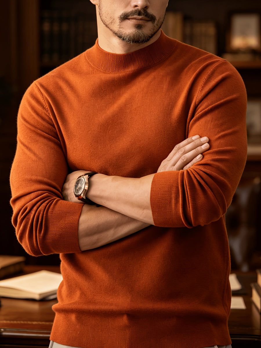 Autumn And Winter New High-End Slim Fit Half-High Collar Knit Long-Sleeve Top Suitable for Mature Men for Commuting, Business / Weekend Casual / Light Business Gatherings, Long-Sleeve Sweater, Mid-Aged Men'S Versatile Long-Sleeve Knit Sweater - Tangerine