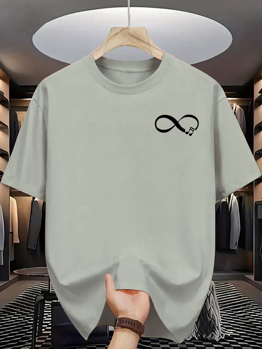 Men'S Casual Summer T-Shirt with Stylish Infinity Symbol & Heartbeat Print - Breathable Polyester, Crew Neck, Short Sleeve, Regular Fit - Perfect for Casual Attire - Light Grey