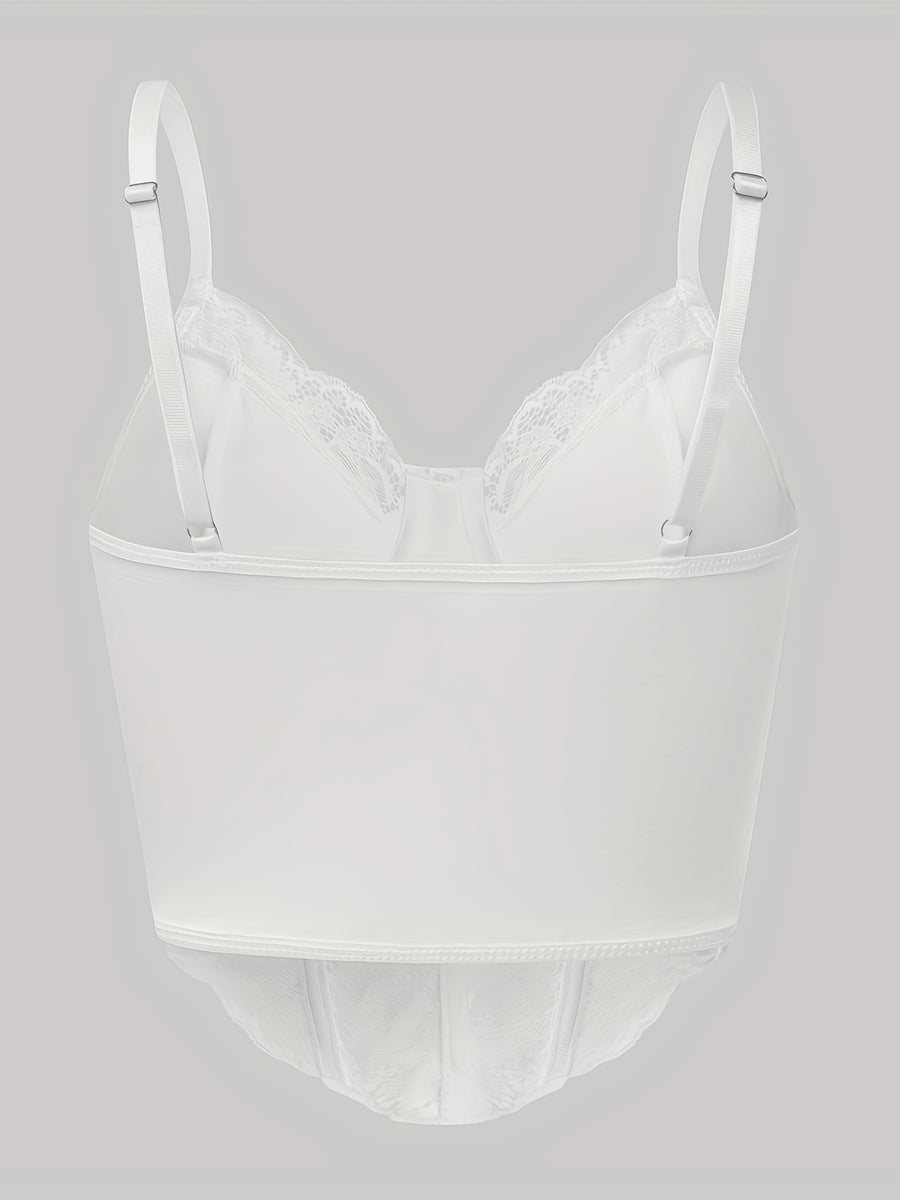 European Style Sexy Floral Lace Diamond Fishbone See-Through Women'S Corset Top - White