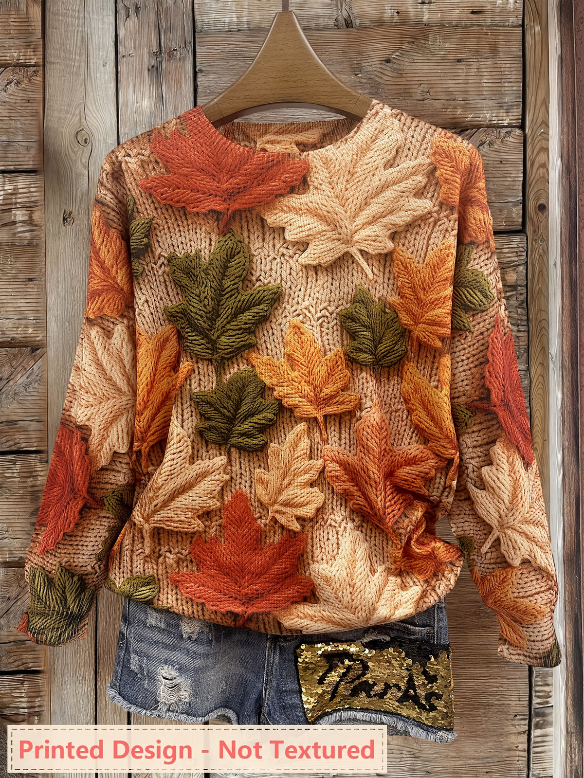 [Printed Design - Not Textured] Women's All Over Printed Long Sleeve Universal Crew Neck Lightweight Sweater, Trendy Wear, Ultra HD Fallen Leaves Pattern, Perfect for Casual Elegance Style Outfits - Suitable for All Seasons - Multicolor