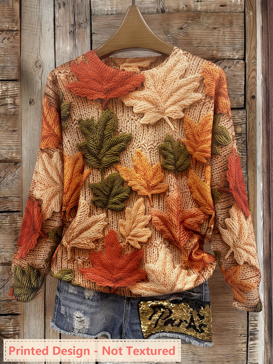 [Printed Design - Not Textured] Women's All Over Printed Long Sleeve Universal Crew Neck Lightweight Sweater, Trendy Wear, Ultra HD Fallen Leaves Pattern, Perfect for Casual Elegance Style Outfits - Suitable for All Seasons - Multicolor