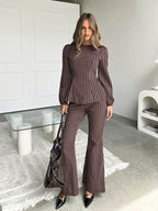 Brown Striped Wide-Leg Pants And Top 2pcs Set for Bridesmaid, Round Neck Long Sleeve Long Pants Women'S Style Bridesmaid Dress, Suitable for Autumn And Winter - Brown