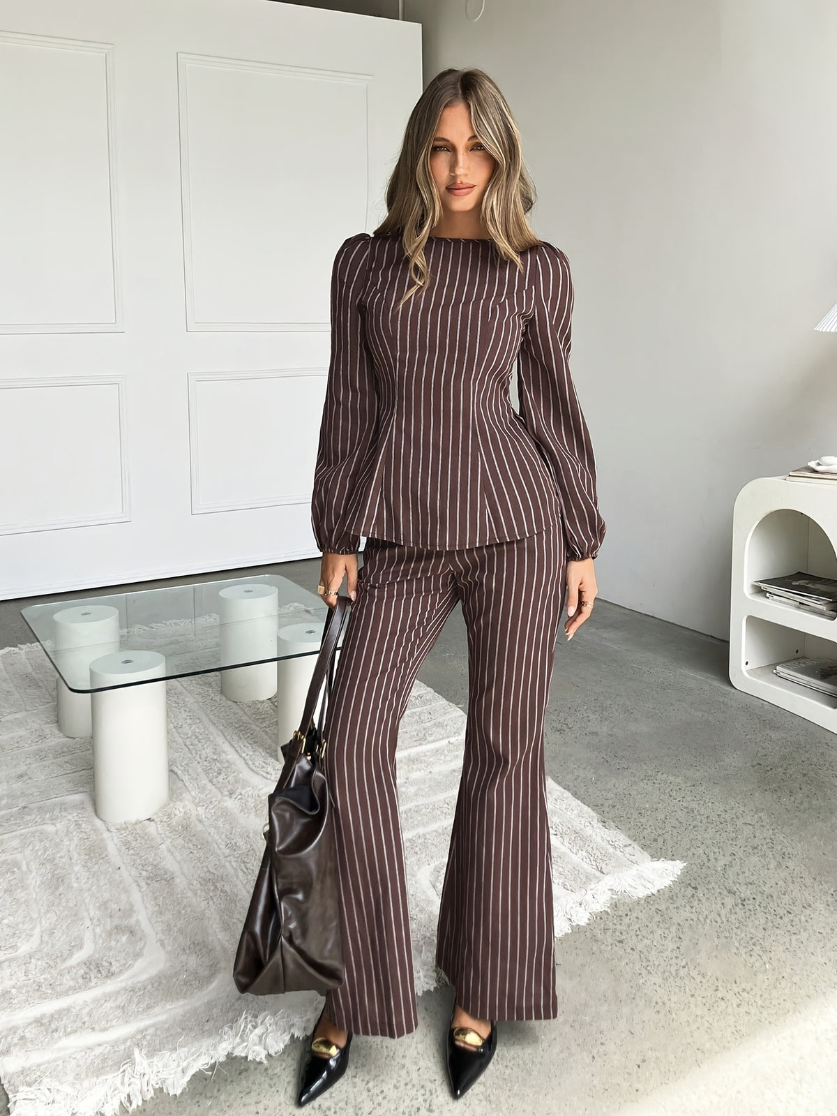 Brown Striped Wide-Leg Pants And Top 2pcs Set for Bridesmaid, Round Neck Long Sleeve Long Pants Women'S Style Bridesmaid Dress, Suitable for Autumn And Winter - Brown