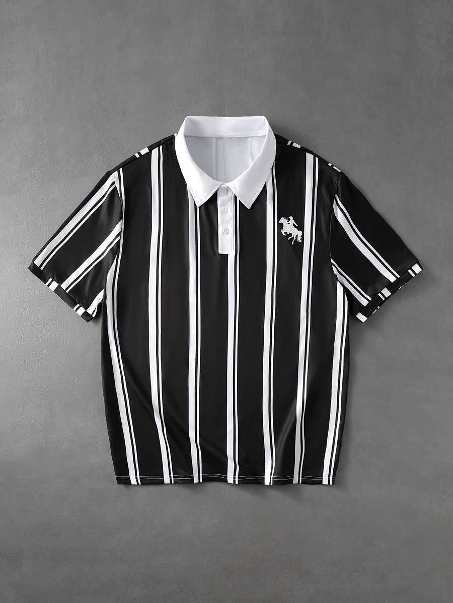 Men's Black and White Vertical Stripe Polo Shirt, New Summer Business Casual Short Sleeve T-Shirt, Horse Logo Loose Fit Top, Daily Casual Basic Top, Versatile Apparel for Home and Outings - Mixed colors
