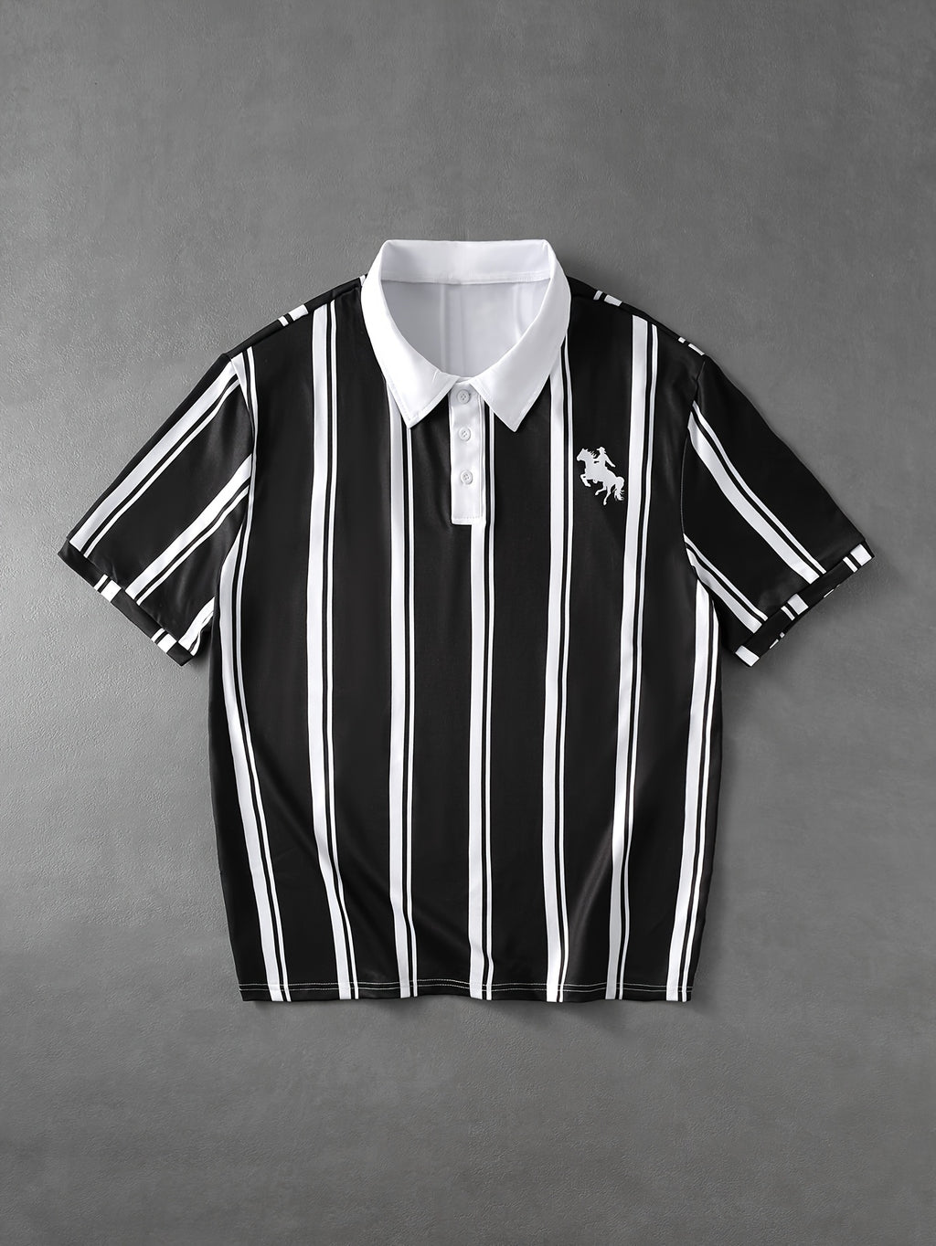 Men's Black and White Vertical Stripe Polo Shirt, New Summer Business Casual Short Sleeve T-Shirt, Horse Logo Loose Fit Top, Daily Casual Basic Top, Versatile Apparel for Home and Outings - Mixed colors
